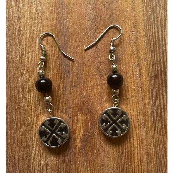 Women's/Teen Black Drop/Dangle Earrings with Gold Logo Feminine Elegant - Picture 2 of 5